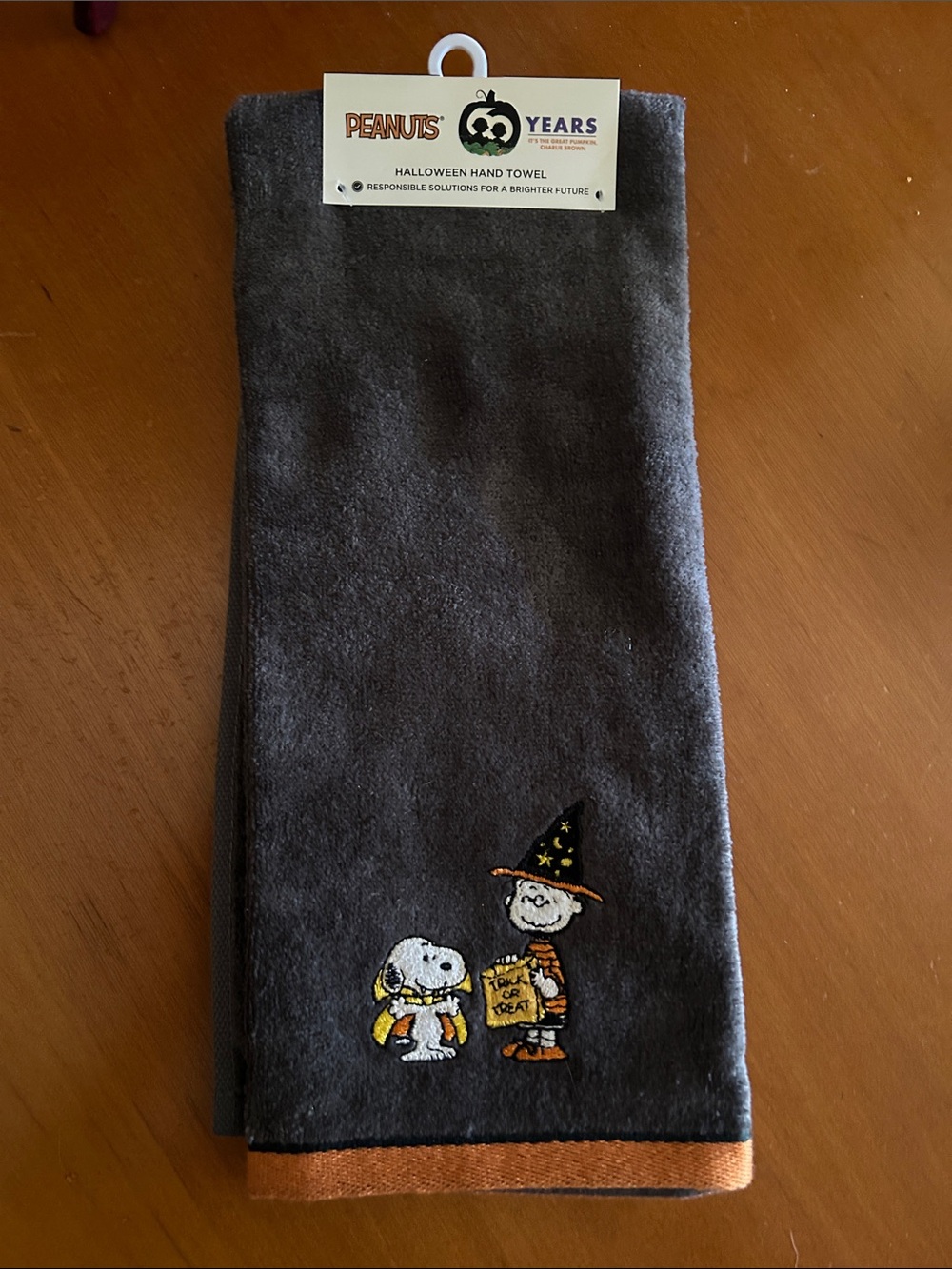Peanuts Gray and Orange Halloween Hand Towel with Snoopy Embroidery